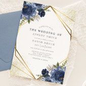Navy Blue Floral Gold Geometric Modern Wedding Einladung