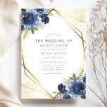 Navy Blue Floral Gold Geometric Modern Wedding Einladung<br><div class="desc">Navy Blue Floral Gold Geometric Modern Wedding Invitation. Beautiful elegant winter wedding invitations with blue botanical roses . This custom modern wedding design can easily be personalized with your own wedding details.</div>
