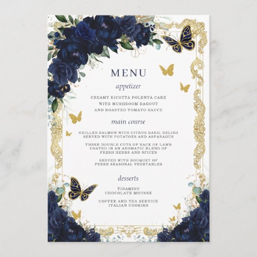 Navy Blue Floral Gold Schmetterlinge Quinceanera Programm (Vorderseite)