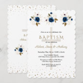 Navy Blue Floral Gold Triplets Boys Baptism   Einladung (Vorne/Hinten)