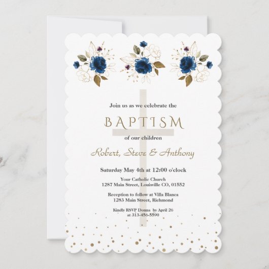 Navy Blue Floral Gold Triplets Boys Baptism   Einladung (Vorderseite)