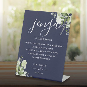 Navy Blue Floral Greenery Jenga Wedding Guestbook Sockelschild