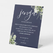 Navy Blue Floral Greenery Jenga Wedding Guestbook Sockelschild (Vorderseite)