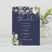 Navy Blue Floral Greenery String Lights Wedding Save The Date (Stehend Vorderseite)