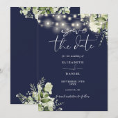 Navy Blue Floral Greenery String Lights Wedding Save The Date (Vorne/Hinten)