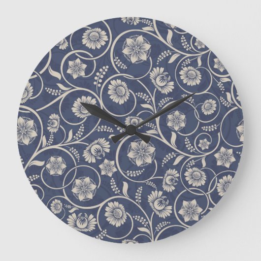 Navy Blue Floral Große Wanduhr (Vorderseite)