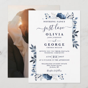 Navy Blue Floral Intimate Private Wedding Foto Einladung