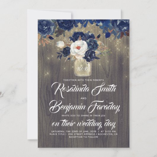 Navy Blue Floral Mason Jar Rustic Wedding Einladung (Vorderseite)
