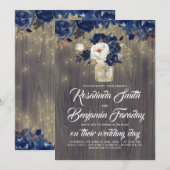 Navy Blue Floral Mason Jar Rustic Wedding Einladung (Vorne/Hinten)