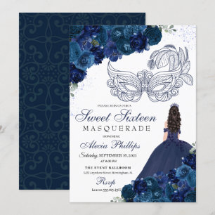 Navy Blue Floral Masquerade Sweet 16 Einladung