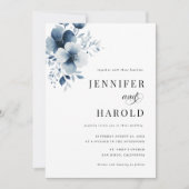 Navy Blue Floral Minimal Plain All in One Wedding Einladung (Vorderseite)