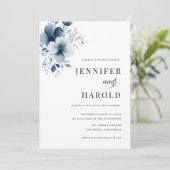 Navy Blue Floral Minimal Plain All in One Wedding Einladung (Stehend Vorderseite)