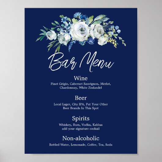 Navy Blue Floral Modern Winter Wedding Bar Menu Poster (Vorne)