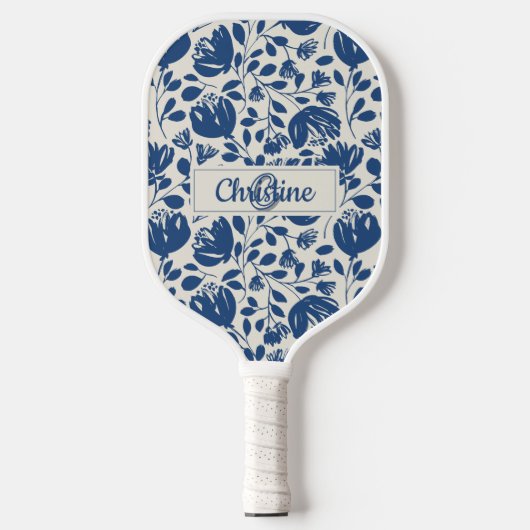 Navy Blue Floral Monogram, Custom Modern Design Pickleball Schläger (Vorderseite)