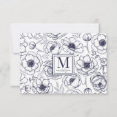 Navy Blue Floral Monogram Mitteilungskarte (Vorderseite)