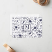 Navy Blue Floral Monogram Mitteilungskarte (Vorderseite/Rückseite Beispiel)