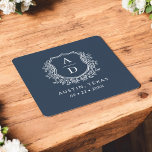 Navy Blue Floral Monogram Wedding Crest Modern Rechteckiger Pappuntersetzer<br><div class="desc">Add an elegant touch to your celebration with the Modern Monogram Wedding Crest Square Paper Coaster. Featuring a sophisticated monogram crest design, these coasters are perfect for weddings, engagement parties, or bridal showers. The stylish square shape and high-quality, absorbent paper protect surfaces while enhancing your decor. Personalize with your initials...</div>