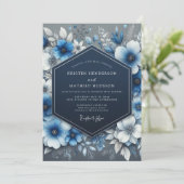 Navy Blue Floral Opulence Wedding Einladung (Stehend Vorderseite)
