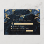 Navy Blue Floral Pale Gold Script Wedding RSVP Begleitkarte (Vorderseite)