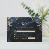 Navy Blue Floral Pale Gold Script Wedding RSVP Begleitkarte (Stehend Vorderseite)