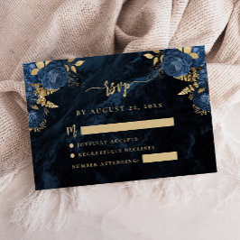 Navy Blue Floral Pale Gold Script Wedding RSVP Begleitkarte