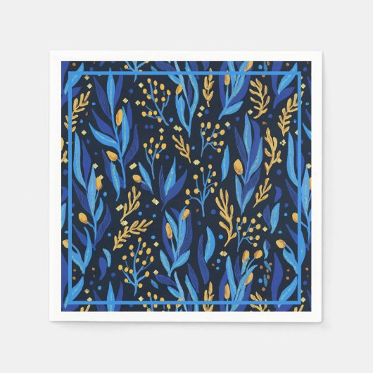 Navy Blue Floral Pattern Happy Hanukkah Serviette (Vorderseite)