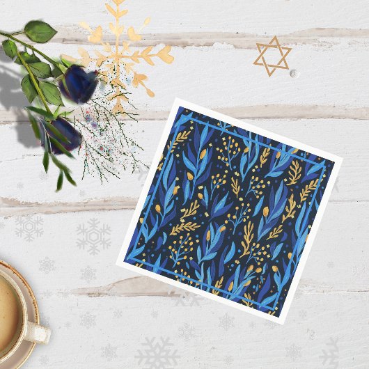 Navy Blue Floral Pattern Happy Hanukkah Serviette