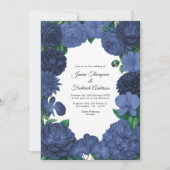 Navy Blue Floral Photo and QR Code Wedding Einladung (Vorderseite)
