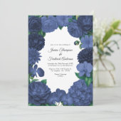 Navy Blue Floral Photo and QR Code Wedding Einladung (Stehend Vorderseite)