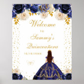 Navy Blue Floral Princess Quinceañera Willkommen Poster (Vorne)