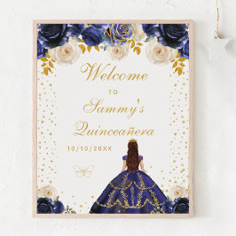 Navy Blue Floral Princess Quinceañera Willkommen Poster