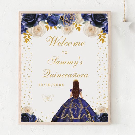 Navy Blue Floral Princess Quinceañera Willkommen Poster