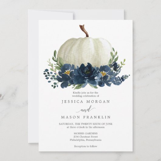 Navy Blue Floral Pumpkin Hochzeit Einladung (Vorderseite)