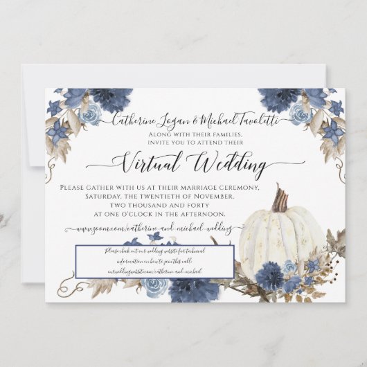 Navy Blue Floral Pumpkin Rustic Virtual Wedding Einladung (Vorderseite)