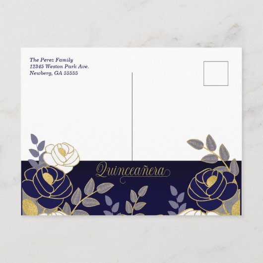 Navy Blue Floral Quincanera Save the Date Ankündigungspostkarte (Rückseite)