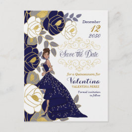Navy Blue Floral Quincanera Save the Date Ankündigungspostkarte