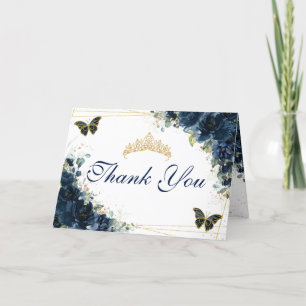 Navy Blue Floral Quinceañera Birthday Butterfliege Dankeskarte