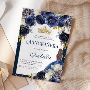 Navy Blue Floral Quinceanera Mis Quince Anos Einladung