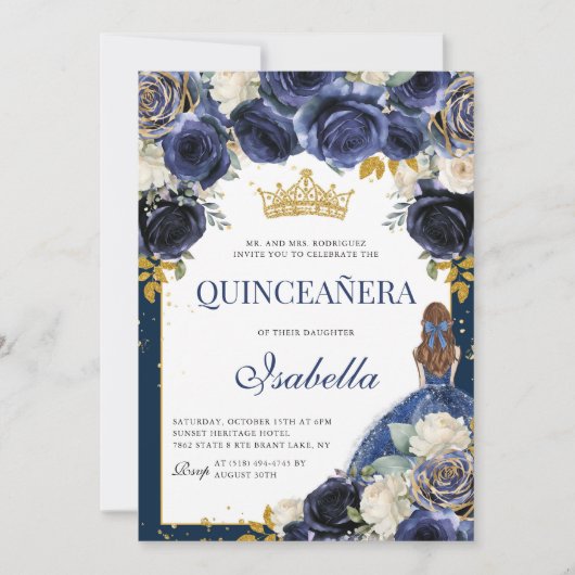 Navy Blue Floral Quinceanera Mis Quince Anos Einladung (Vorderseite)