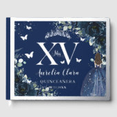 Navy Blue Floral Quinceañera Quince 15 Silver Gästebuch (Vorderseite)