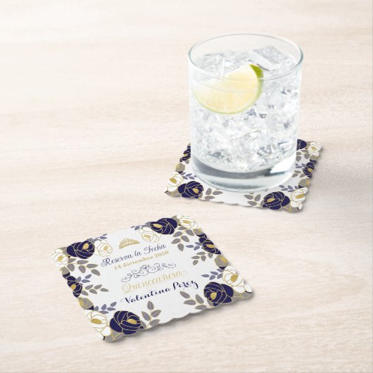 Navy Blue Floral Quinceanera Spanisch Save the Dat Untersetzer (Vor Ort)