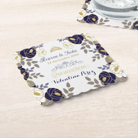 Navy Blue Floral Quinceanera Spanisch Save the Dat Untersetzer (angewinkelt)