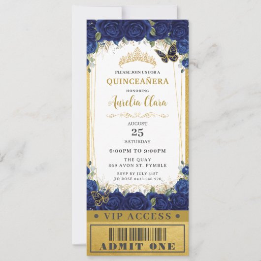 Navy Blue Floral Quinceañera Sweet 16 VIP Ticket Einladung (Vorderseite)