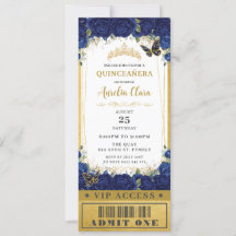 Navy Blue Floral Quinceañera Sweet 16 VIP Ticket
