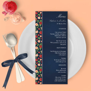 Navy Blue Floral Red & Burnt Orange Rose Hochzeit Menükarte