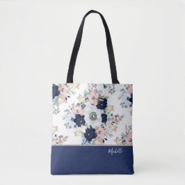 Navy Blue Floral Rose mit Namen Tasche