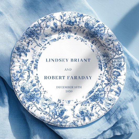 Navy Blue Floral Roses Wedding Paper Plates Pappteller