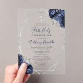 Navy Blue Floral Silver Frame Erste heilige Kommun Acryleinladungen (Insitu (Handheld))