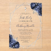 Navy Blue Floral Silver Frame Erste heilige Kommun Acryleinladungen (Vorderseite)