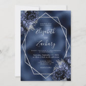 Navy Blue Floral Silver Frame Imitate Hochzeit Einladung (Vorderseite)